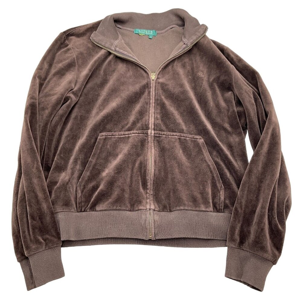 Lauren Ralph Lauren Jacket Women Large Brown Mock Neck Velour Stretch VTG
